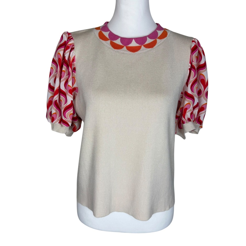 VOY Retro Puff Sleeve Ribbed Knit Top Cream Pink Orange Swirl Womens Large